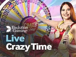 Miniatura de Live Crazy Time, con la rueda de premios y una presentadora al frente.
