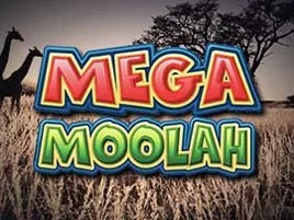 Miniatura de Mega Moolah, con letras de colores sobre una sabana con jirafas al fondo.
