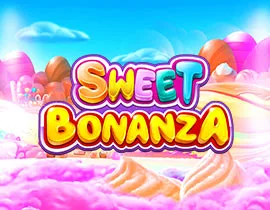 Miniatura de Sweet Bonanza, con letras infladas sobre un paisaje de caramelos rosados.